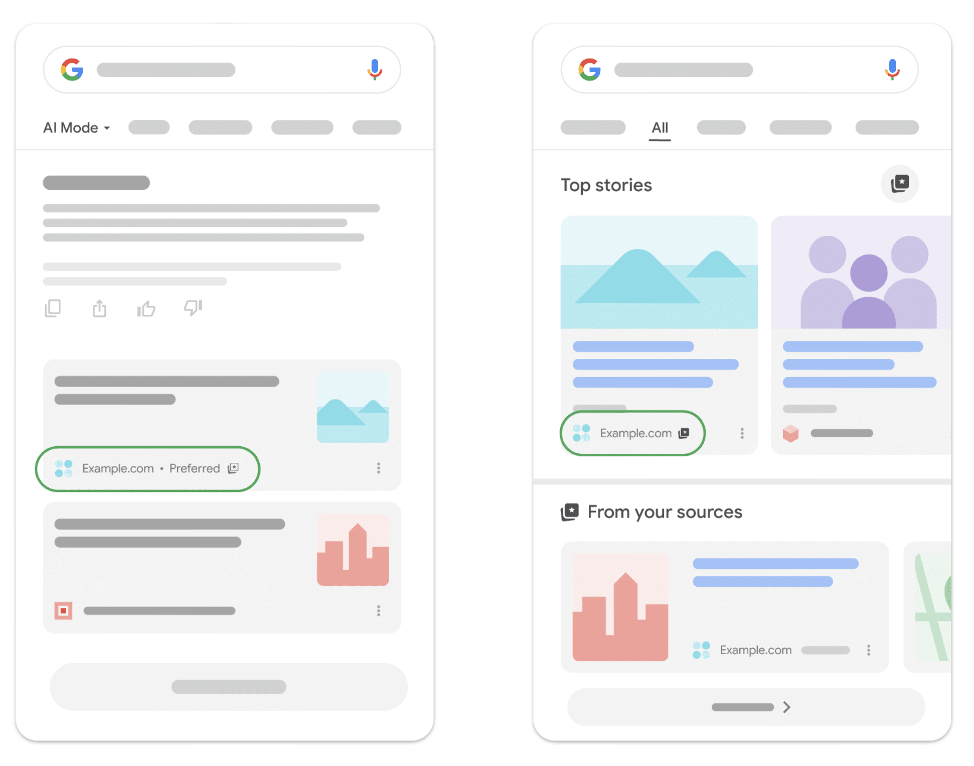 Google AI Mode Preferred citation badge and Top Stories From your sources section